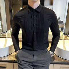 Bonsir Groom Wedding Party Dress Shirt Men's Fashion Pleated Design Slim Fit Shirt Men Formal Long Sleeved Social Business Tailcoat