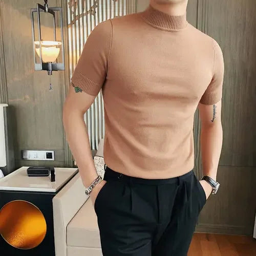 Bonsir Plus Size 4XL-M Autumn Men Half Turtleneck Short Sleeved Knitted Sweater Men Slim Elastic Solid Casual Pullovers Streetwear