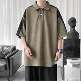 BONSIR  -  American Retro Spliced Polo Shirts Men's Clothing Contrasting Colors Summer Polo-Neck Fashion Button Loose Short Sleeve T-shirts