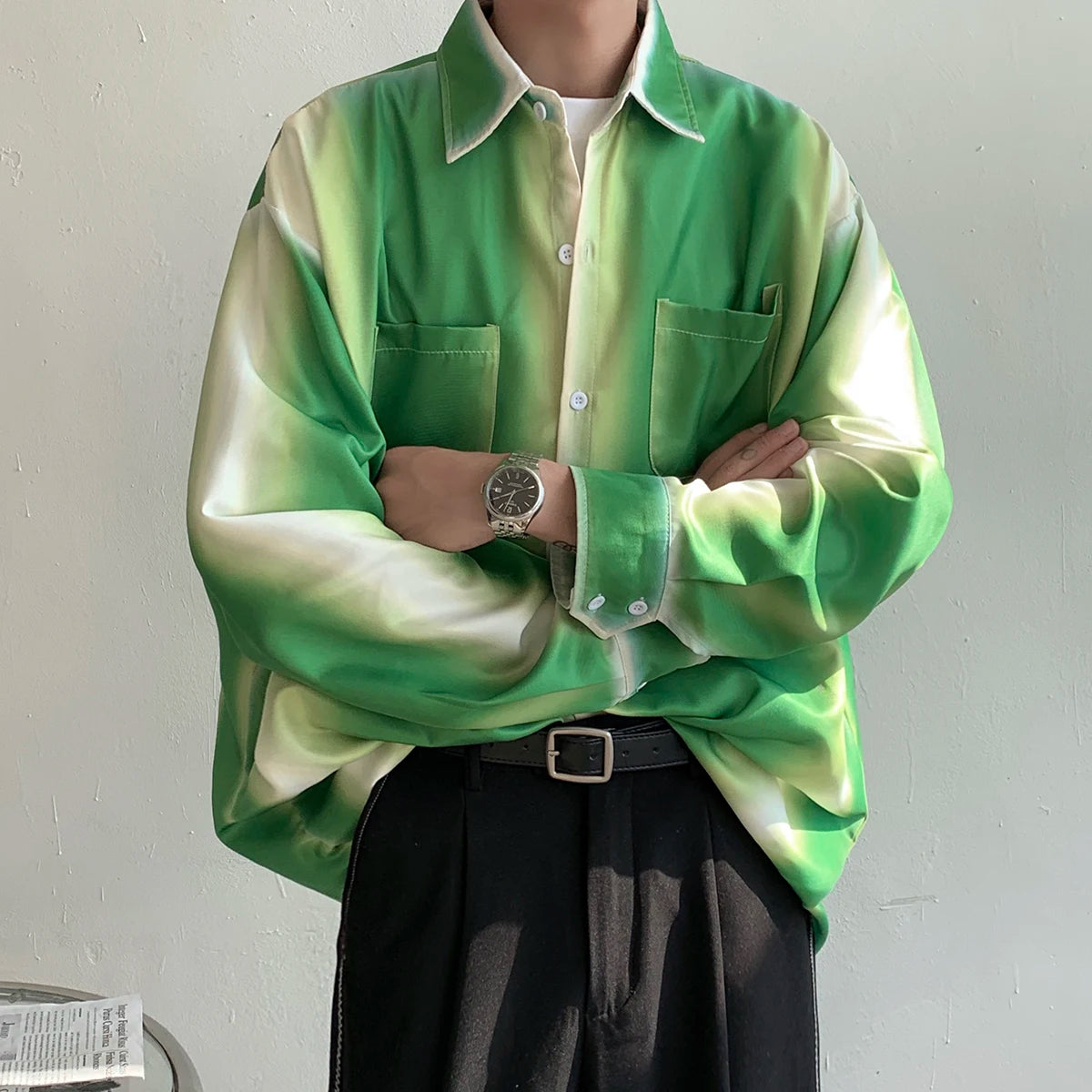 Bonsir Men's Gradient Green Long Sleeve Shirts Korean Loose Fashion Casual Shirt Oversize Shirt Front Pockets High Quality Clothing