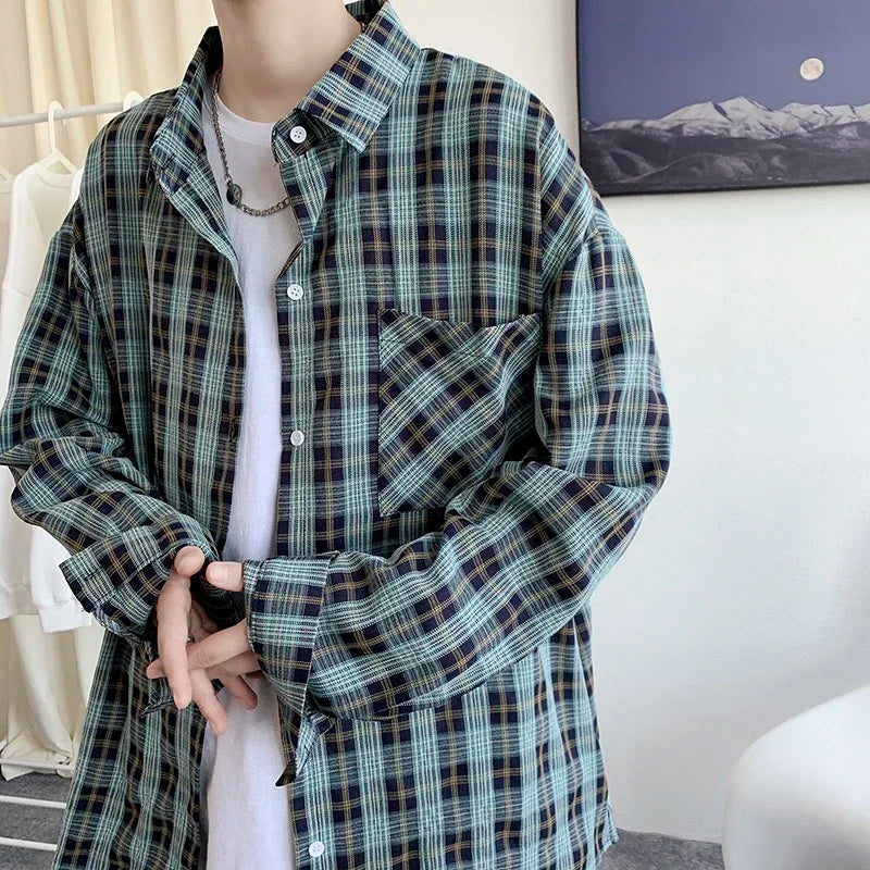 BONSIR   -  Long Sleeves Collar Korea Style Shirt For Men's Plaid Harajuku Clothing Unisex Overshirt