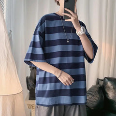 BONSIR  -  Printing Round Neck Spring Summer T-Shirts Simplicity Striped Handsome Short Sleeve Pullovers Loose Streetwear Men's Clothing