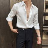 BONSIR  -  Luxury Men's Long Sleeved Silk Shirts Spring Wrinkles Design Striped Man Social Dress Shirt Elegant Party Prom Mens Clothing 4XL