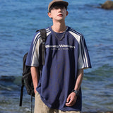 BONSIR  -  Streetwear Men Patchwork Striped Design T-shirt Unisex New in Summer Loose Fit American Vintage Casual Round Neck TopsTees
