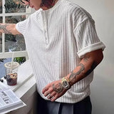 BONSIR  -  Vintage Striped Ribbed Knit T Shirts Mens Casual Henley Collar Buttoned T-shirt Men Spring Summer Fashion Slim Half Sleeve Tees
