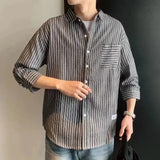 BONSIR  -  Fashion Casual Streetwear Loose Striped Handsome Three Quarter SleeveTurn-down Collar Button Summer Korean Men's Clothing Man