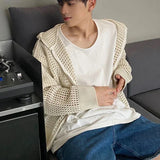 Bonsir Vintage Knit Mesh Coat for Men Hole Hooded Cardigan Long Sleeve Tee Male Casual Autumn Japanese Streetwear Hip Hop