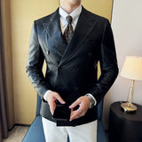 Bonsir High Quality Square Grid Double Breasted Leather Jacket Fashion Business Slim Fit Casual Men Suit Blazer Tuxedos Men Clothing