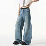 BONSIR  -  High Street Men's Denim Pants Washing Worn-out Holes Design Solid Color Bottom Straight Leg Summer Male Jeans 2025 24K5211