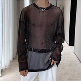 BONSIR  -  Tops Mens Sexy Transparent Glitter Mesh T Shirts Fashion Long Sleeve O Neck See Through Basic Tops Men Streetwear Tees