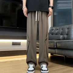 Bonsir Spring Casual Soft Solid Men Cool Boys Drawstring Waist  Long Wide-legged Floor-length Straight-legged Pants Irregularly Button