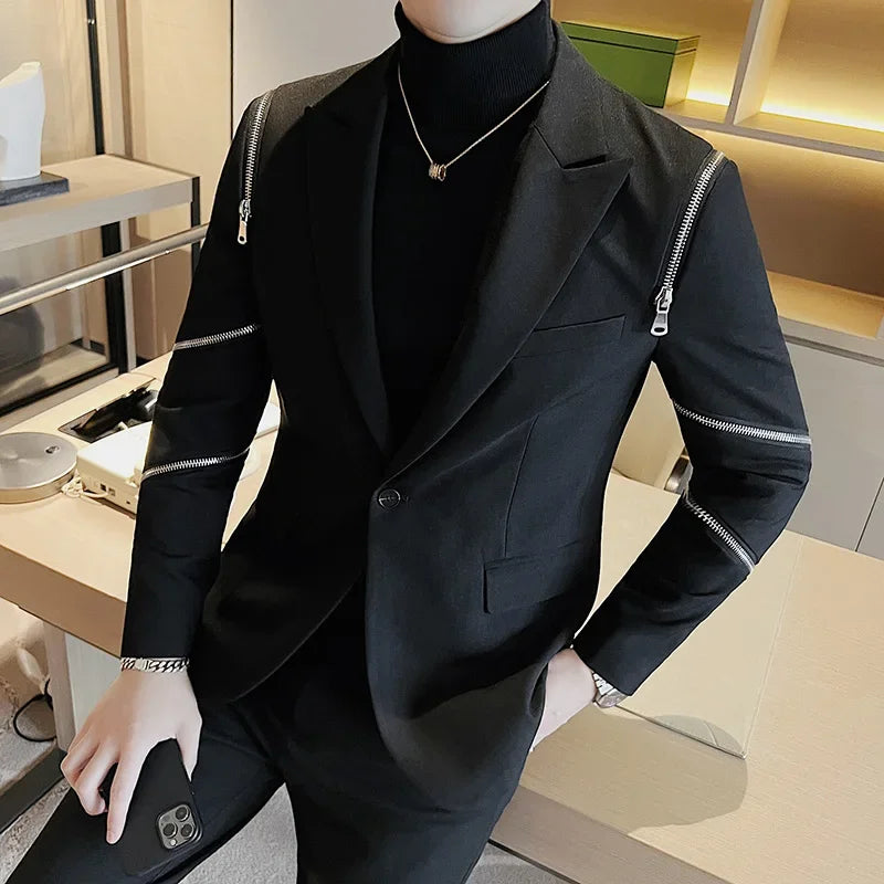 Bonsir Autumn New Zipper Decoration Blazer Men Casual Slim Fit Business Dress Coats Homme Formal Social Prom Tuxedo Men Clothing