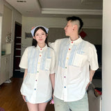 BONSIR  -  Solid Striped Men's Short Sleeved Shirt Summer Colored Button Design Male Blouse Korean Casual Loose and Versatile Top