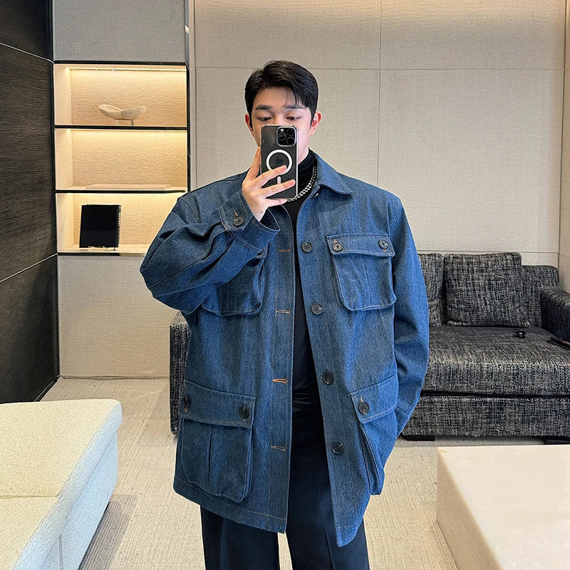 Bonsir High Street Men Denim Coat Solid Color Loose Multiple Pockets Jacket Autumn Single Breasted New Male Clothing