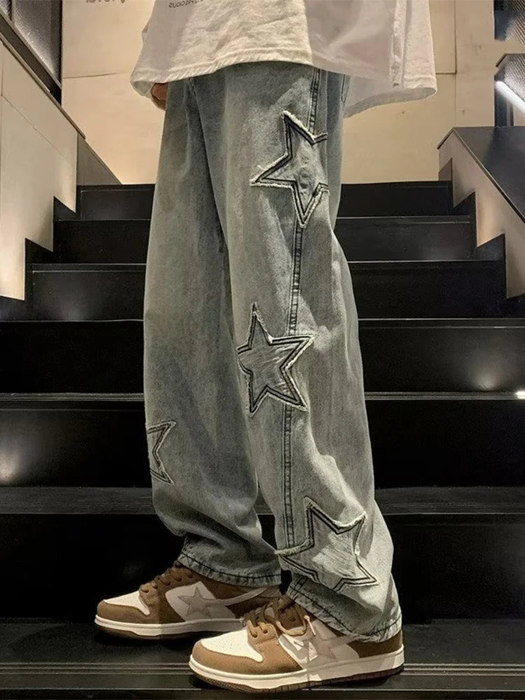 Bonsir Y2K Star Embroidery Casual Men Jeans Gothic Neutral Wide Leg Denim Trousers Male Loose Hip-hop Fashion Youth Streetwear