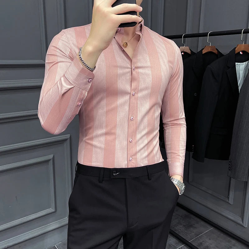 Bonsir Autumn New High Quality Striped Shirt Men Luxury Slim Fit Business Casual Shirt Formal Men Long Sleeve Party Prom Clothing Homme