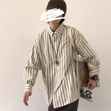 BONSIR  -  Men's Vertical Striped Long Sleeved Shirt Japanese Retro Loose Lapel Top Casual Single Breasted Male Thin Coat