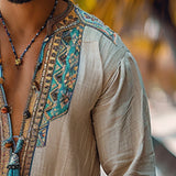 BONSIR  -  Ethnic Mens Linen Shirt Autumn Long Sleeve Male Clothing Fashion Streetwear V-Neck Print Men Blouse Tops Plus Size Causal Shirt