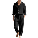 BONSIR  -  Summer Casual Mens Linen Two Piece Suits Leisure Breathable Long Sleeve Shirt And Trousers Men Outfits Fashion Solid Color Sets
