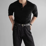 BONSIR  -  New American Fashion Men Henry Collar T-shirt Light Luxury Solid Color Long Sleeve Tops Leisure Light Business Basic Shirt M-3XL