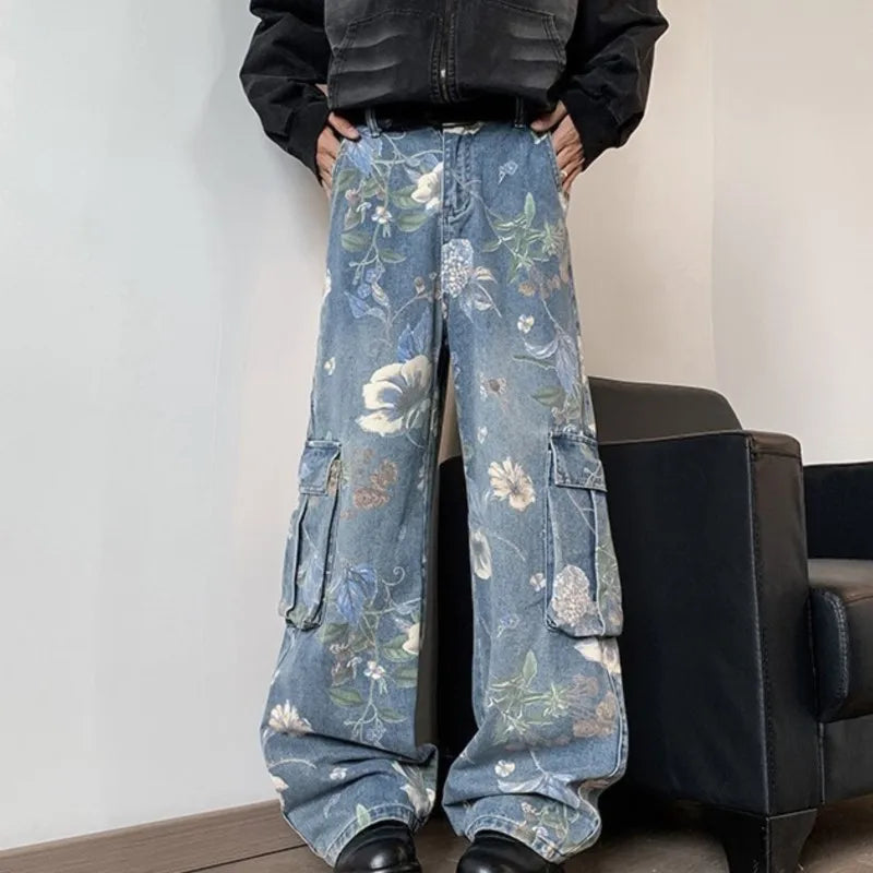 Bonsir Korean Style Denim Cargo Pants Mens Fashion Floral Printed Jeans 2024 Autumn Loose Casual Trousers Hip Hop Wide-leg Jean Pants