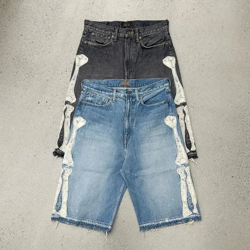 Bonsir Brick-edged Raw Edge Summer Fashion Denim Shorts for Men Washed Retro Jeans Womens High Street Casual Loose Sports Shorts Couple