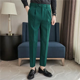 Bonsir Waffle Casual Suit Pant Spring Men Elastic Waist Formal Classic Pants Green Black White Office Social Slim Trousers Homme