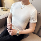 Bonsir Summer Men Ice Silk Short Sleeved T-shirt Fashion Stripes O-Neck Slim Fit Casual Elastic Tee Tops 4XL-M Streetwear