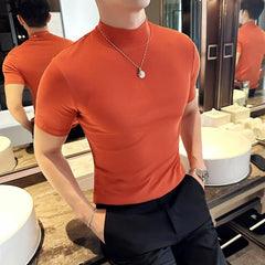 Bonsir Autumn Winter Men's Half High Neck Short Sleeve T-shirt Korean Slim Fit Solid Color Bottom Shirt Casual Cotton Elastic T-shirts