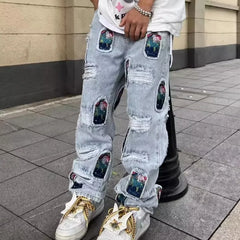 Bonsir Japanese Streetwear Embroidery Men Jeans Pants Cargo Vintage Harajuku Men's Denim Trousers