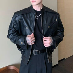 Bonsir Mens Autumn Winter Short Biker Leather Jacket Gender-Free Necessities Fashion Trend Loose Casual Solid Color Jacket Unisex