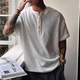 BONSIR  -  Vintage Striped Ribbed Knit T Shirts Mens Casual Henley Collar Buttoned T-shirt Men Spring Summer Fashion Slim Half Sleeve Tees