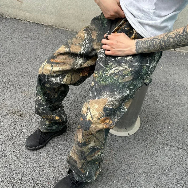 Bonsir Y2K Fashion Branching Pattern Baggy Stacked Cargo Pants Men Clothes Camouflage Hip Hop Long Trousers