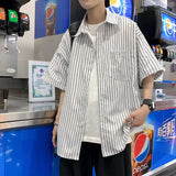 BONSIR  -  Striped Shirts for Men Summer Short Sleeve M-3XL  Hawaiian Shirt Men Three Color Turn-down Collar Casual Shirt Coat