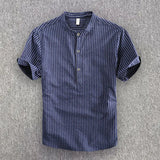 BONSIR  -  Men's Casual Cotton Shirt Short Sleeve Blouse Tops Summer Botton Pinstripe Holiday Shirt Comfortable Handsome Men Henley Shirt