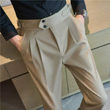 Bonsir British Style Men High Waist Casual Dress Pant Men Belt Design Slim Trousers Formal Office Social Wedding Party Dress Suit Pants