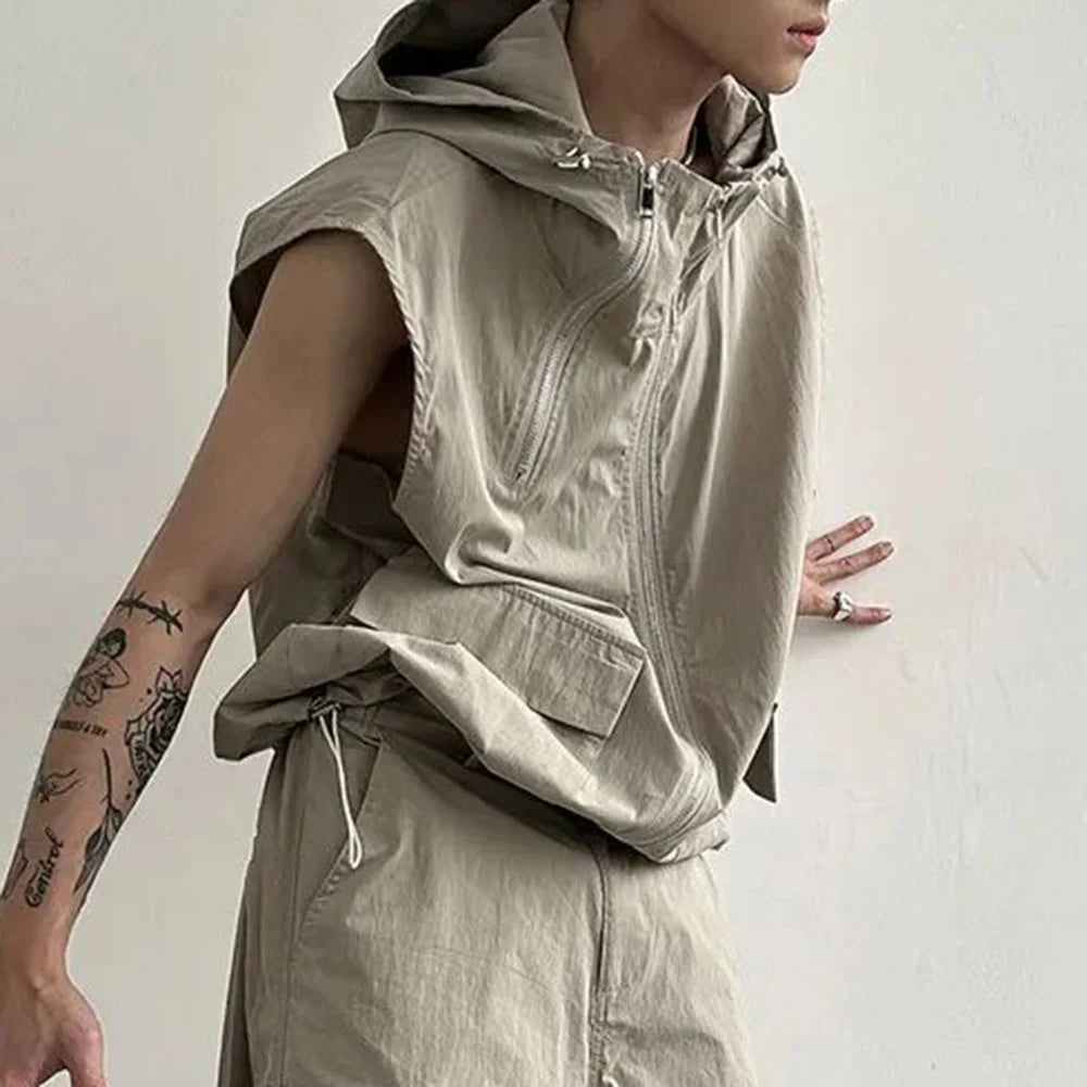 Bonsir Men Cargo Vest Hooded Summer Japanese Zipper Design Sleeveless Tops Male Korean Streetwear Hip Hop Unisex Plus Size Waistcoat