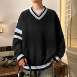 BONSIR  -  Preppy V-neck Sweater for Men Couples Pullovers Ins Knitted Top Autumn Korean Trendy Loose-fit Line Clothes for Students Youth