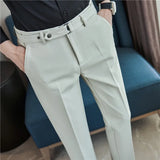 Bonsir Dark stripe Men Formal Trousers 2024 New Fashion Belt Design Man Dress Pants Simple Slim Business Casual Suit Pant Plus Size 38