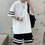 BONSIR  -  2 Pieces Men Shorts Set Summer Waffle Fabric Casual O Neck Half Sleeve T Shirt+Shorts Sets Oversize Loose Letter Print Tracksuit