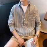 BONSIR  -  Fashion Casual Streetwear Loose Striped Handsome Three Quarter SleeveTurn-down Collar Button Summer Korean Men's Clothing Man
