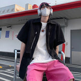 BONSIR  -  Summer Short Sleeved Shirt Men Oversized Black Casual Shirt Men Streetwear Korean Loose Zipper Shirt Mens Hawaiian Shirts