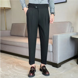 Bonsir British Autumn New High Waist Trousers Men Belt Design Slim Fit Suit Pants Office Social Wedding Party Formal Pants Hommes