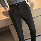 Bonsir Men Spring Autumn Belt Decoration Casual Dress Pants Fashion Slim Fit Suit Pants Streetwear Social Business Men Trousers