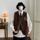 BONSIR  -  Japanese Vintage Men Work Vest Spring Autumn Loose Korean Edition Sleeveless Coat Contrast Spliced Male Clothing