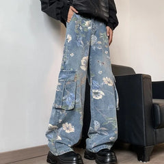 Bonsir Korean Style Denim Cargo Pants Mens Fashion Floral Printed Jeans 2024 Autumn Loose Casual Trousers Hip Hop Wide-leg Jean Pants