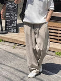 BONSIR  -  American Sle Cotton Linen Workwear Pants Men Loose Straight Leg Floor Length f Elastic Buttoned Linen Breathable Suit