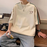 BONSIR  -  Korean Y2k Suede T-shirt Men Striped Short Sleeve Letter Printing T Shirts Summer Hip-hop Loose Round Neck Tops Couple Clothes