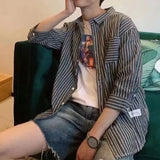 BONSIR  -  Fashion Casual Streetwear Loose Striped Handsome Three Quarter SleeveTurn-down Collar Button Summer Korean Men's Clothing Man