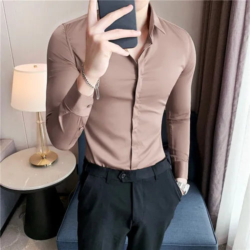 Bonsir 8 Colors High Quality  Men Dress Shirt Autumn Long Sleeve Solid Concealed Placket Shirts Men Business Slim Fit Social Shirt